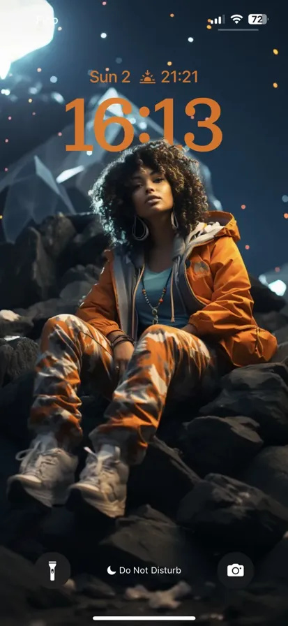 black woman standing on a rock with colorful lights surrounding her.
