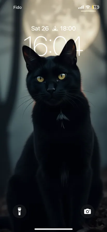 A black cat with yellow eyes in a misty forest at night.