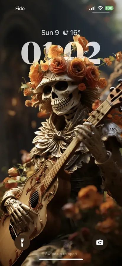 Vibrant Mexican skull musician adorned with detailed traditional symbols, colors, and patterns, in a lively celebration.