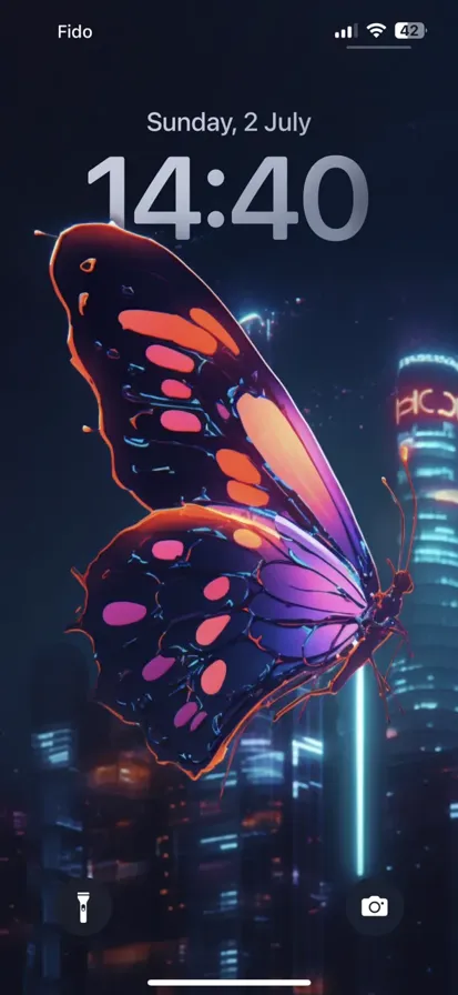 A neon butterfly hovering over a pink city skyline with a vibrant sky in the background.