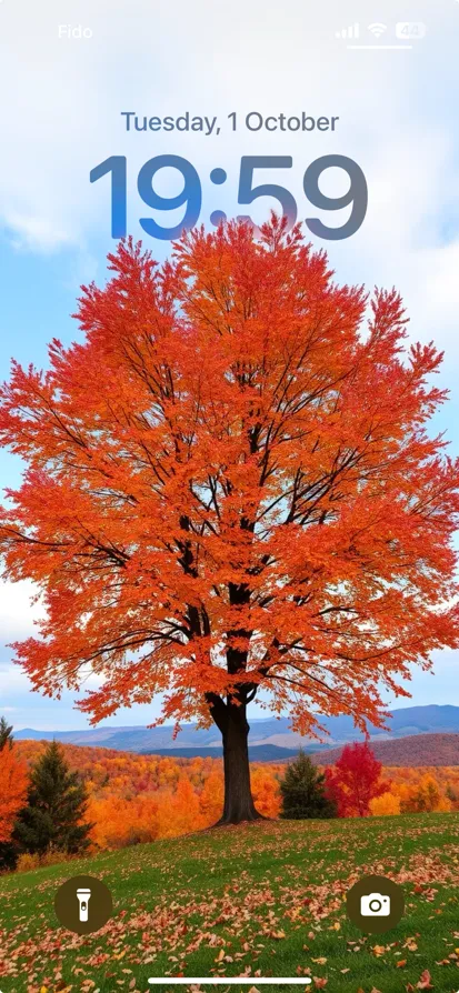 A serene autumn landscape with orange leaves and rolling hills.