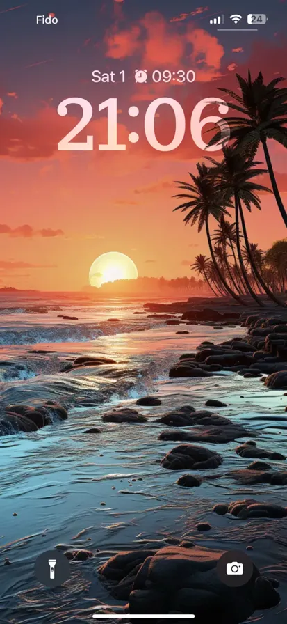 A beautiful sunset in the island sea, with clear skies and calm waves reflecting the vibrant colors of the setting sun.