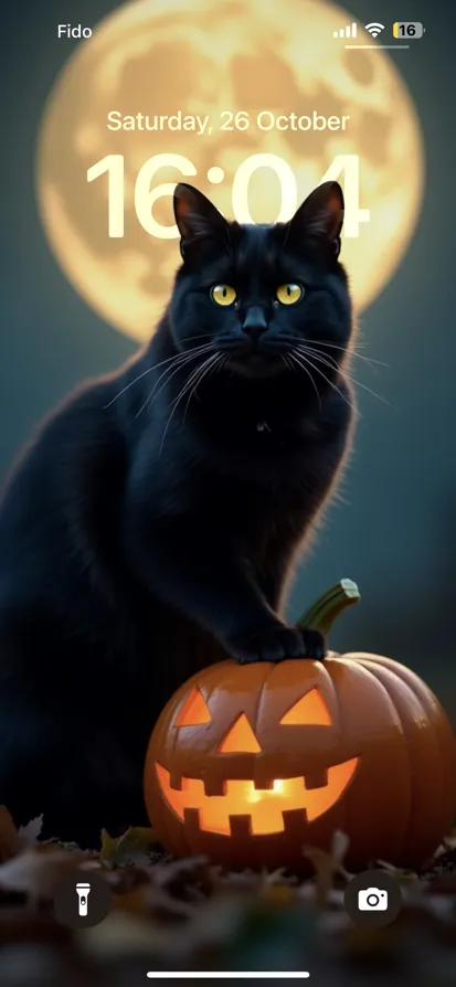 A black cat with yellow eyes beside a glowing pumpkin.