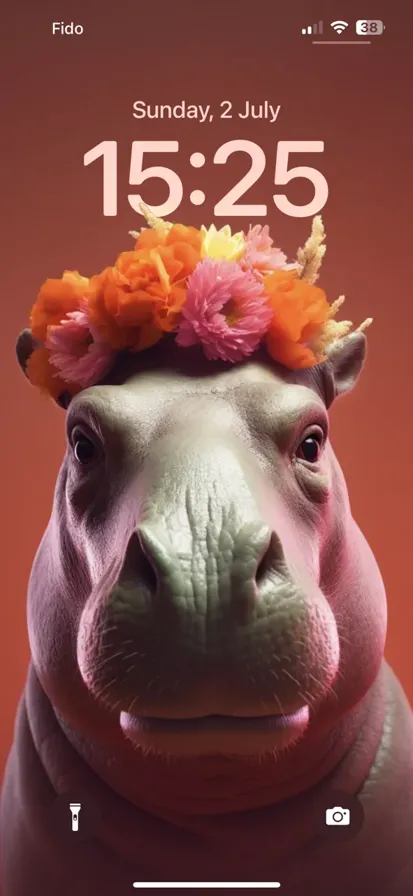 A hippo wearing a flower crown on an orange background