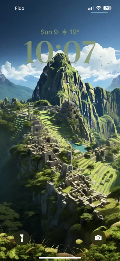 City of Machu Picchu high-quality image depicting the beautiful ancient ruins amidst lush green mountains and cloudy sky.