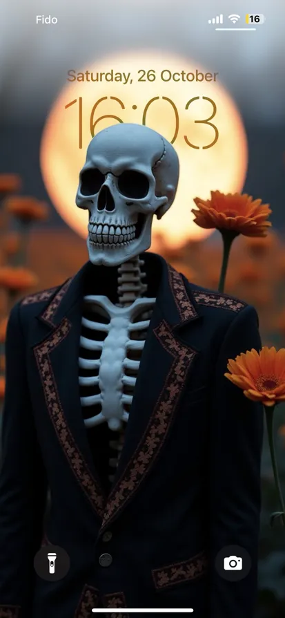 A skeleton in a black suit stands amidst orange flowers under a glowing full moon.