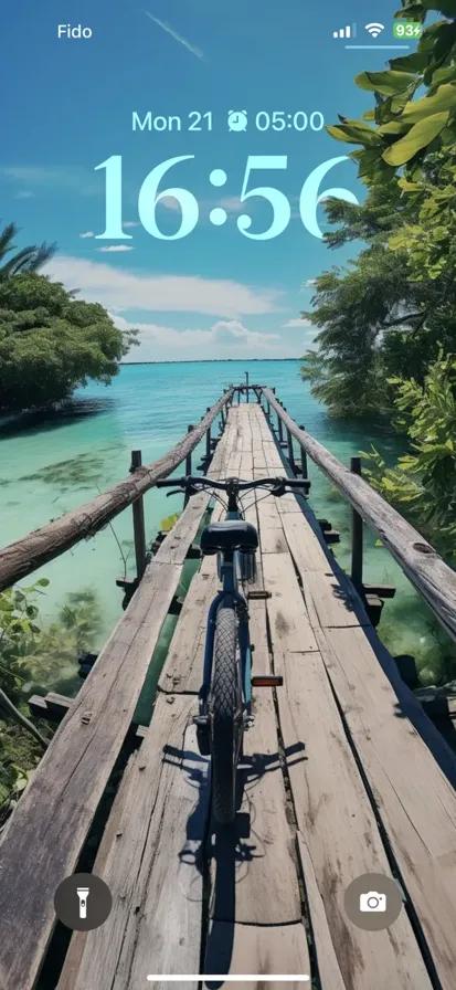 A paradisiac bike ride at Maldivas on a wooden trail by the sea on a sunny day.