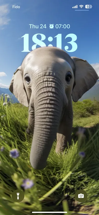 A cute baby elephant standing in front of majestic mountains with a clear blue sky in the background.