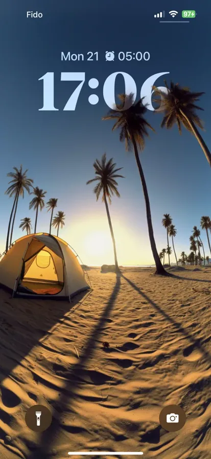 Camping at the beach with clear water and palm trees around.