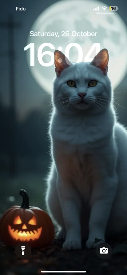 A white cat sits between glowing pumpkins under a full moon.