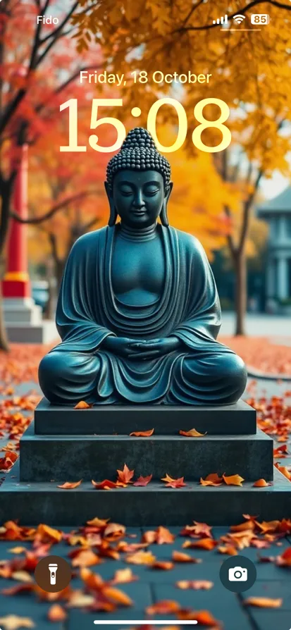 A tranquil Buddha statue amidst vibrant autumn foliage. - depth effect wallpaper