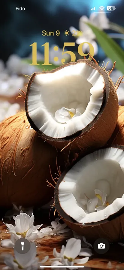 Two coconuts lay open, covered in dew, emanating tropical vibes.