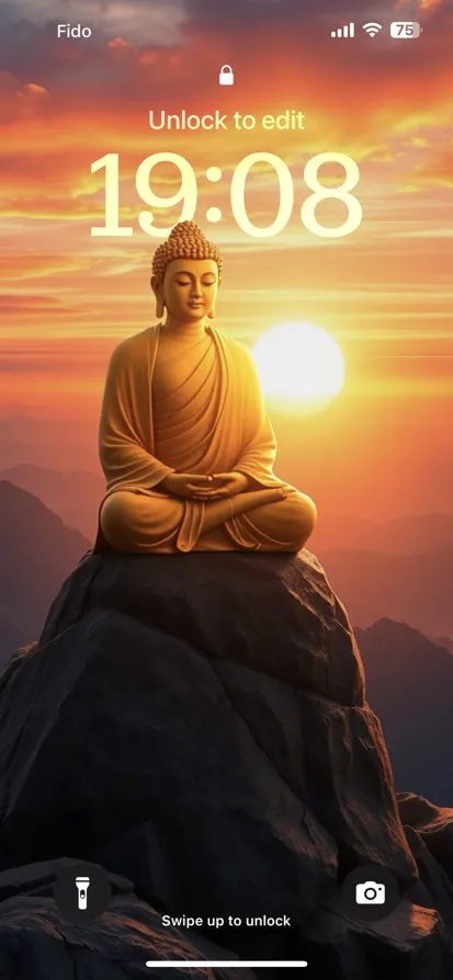 Buddha in meditation on a rock with a vibrant sunset.