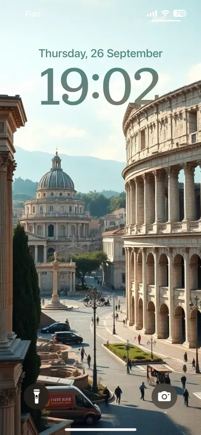 A bustling street with ancient Roman buildings and a clear sky.