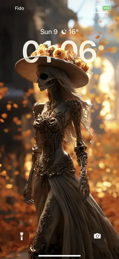 A woman dancing with a Mexican skull mask. The woman is wearing vibrant clothing and is surrounded by colorful decorations. - depth effect wallpaper
